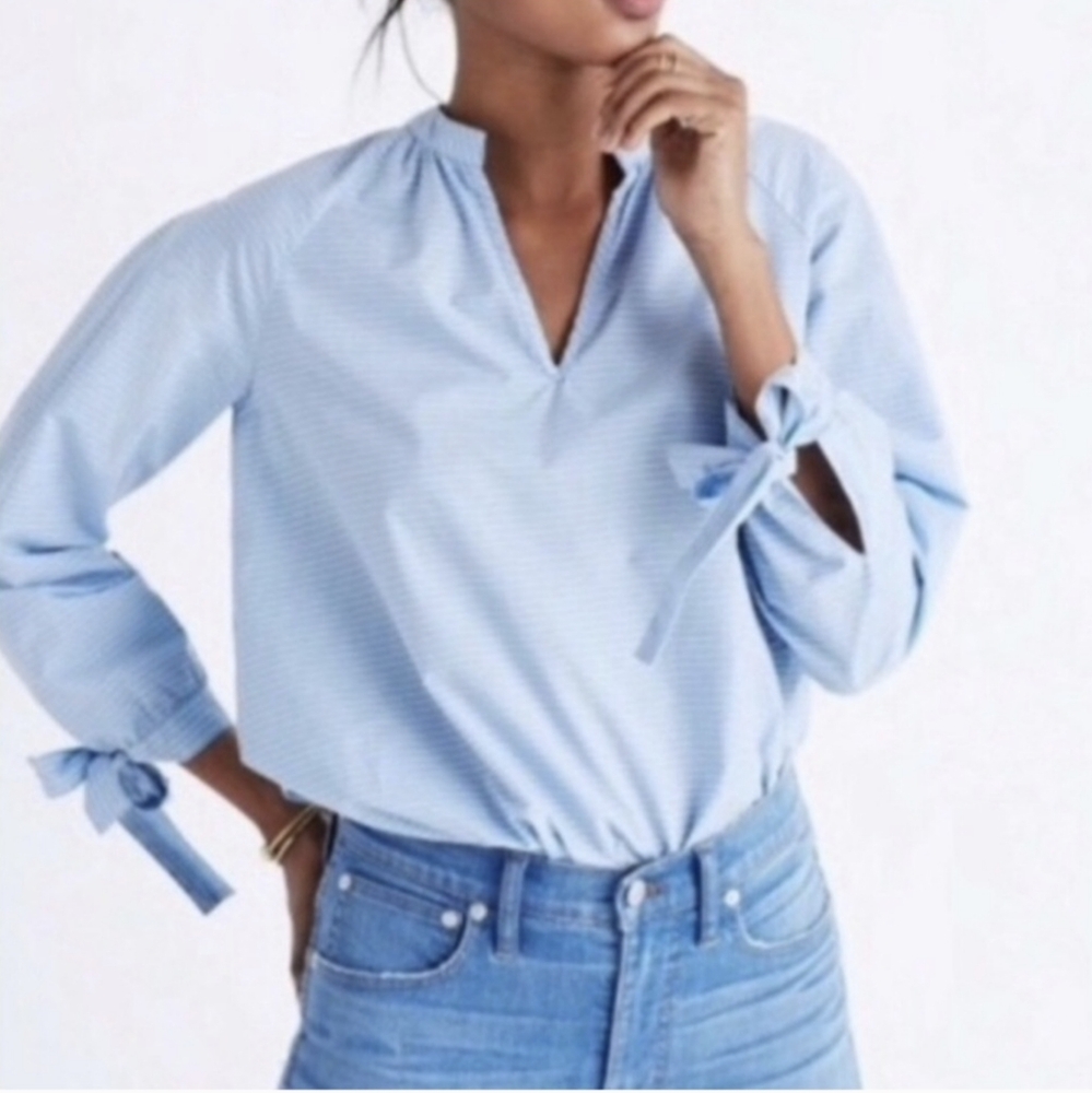Madewell Blue/White Striped Popover Blouse Tie Sleeve Women's S EXCELLENT COND!